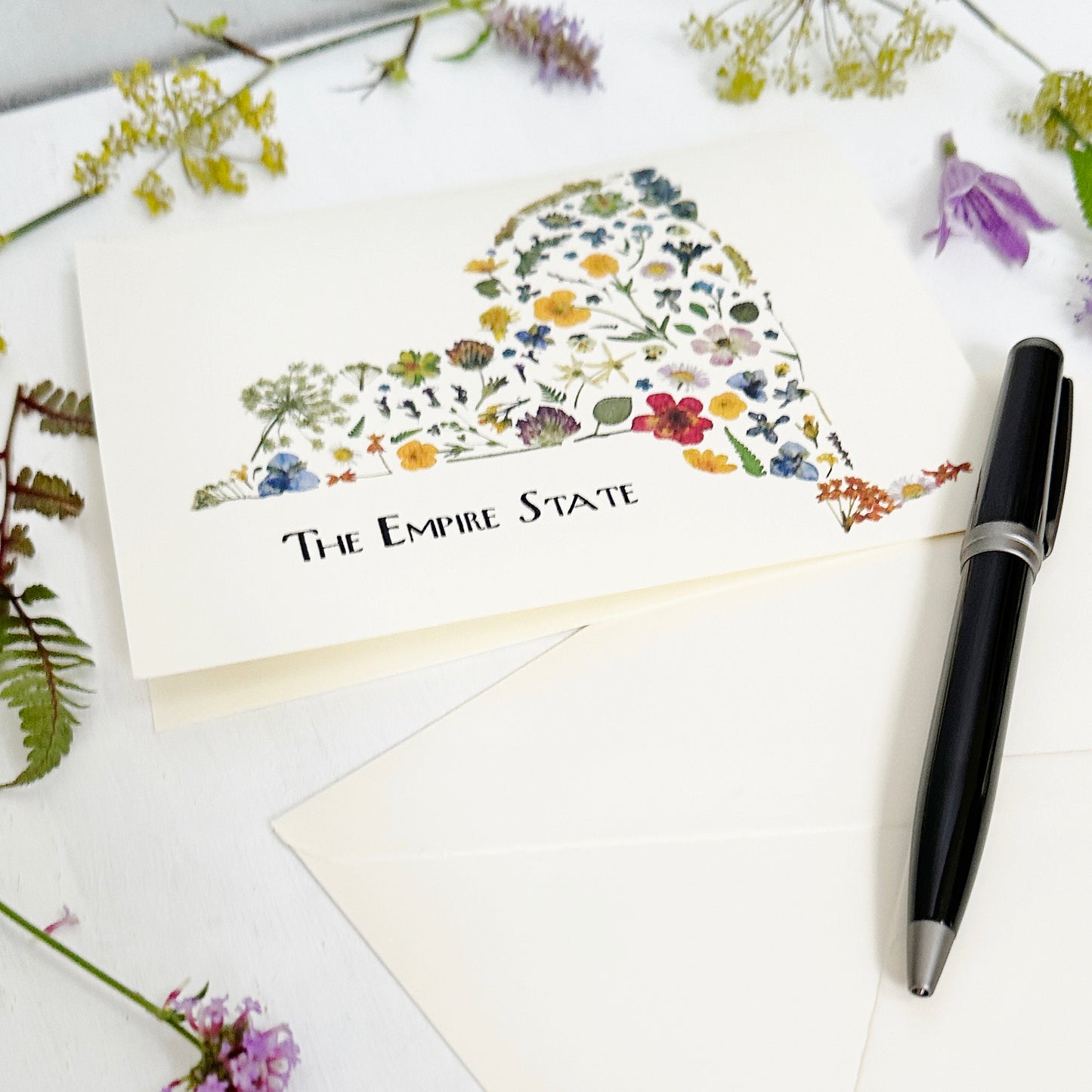 The Empire State greeting card - New York State map in printed pressed wild flowers