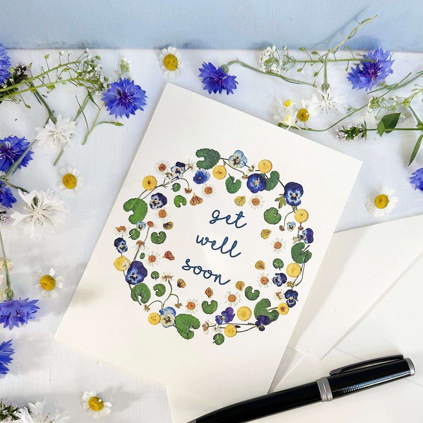 Get Well Soon Card - Printed Pressed Flower Wreath