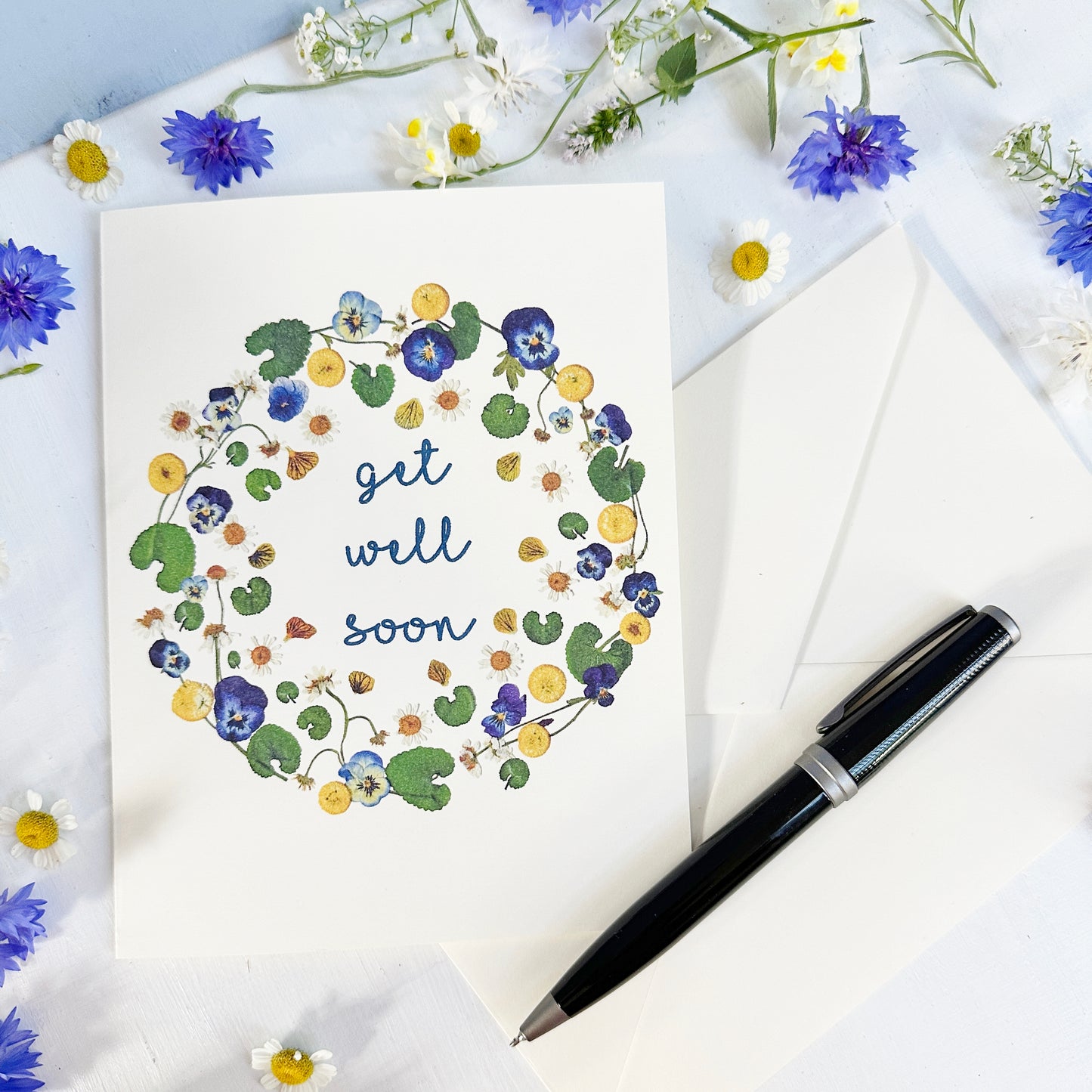 Get Well Soon Card - Printed Pressed Flower Wreath