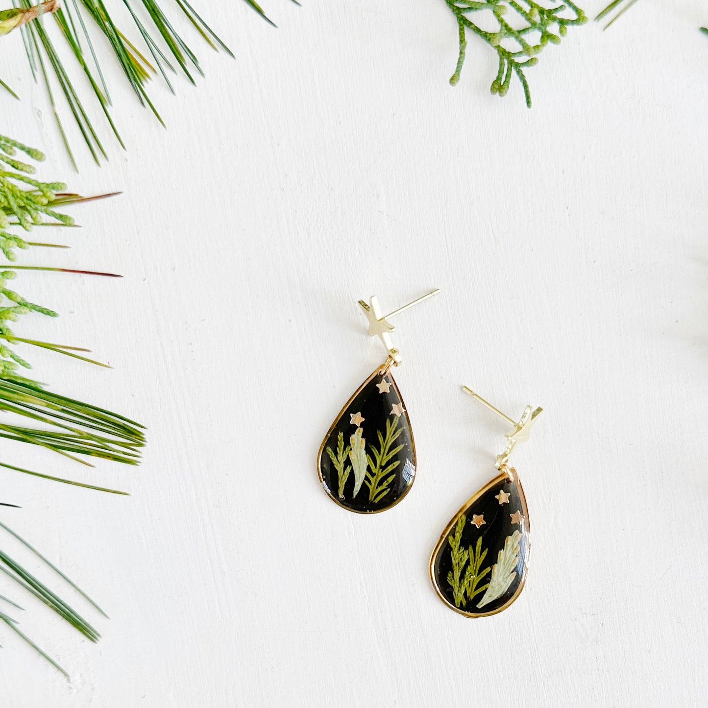 Black Forest Earrings with Real Leaves