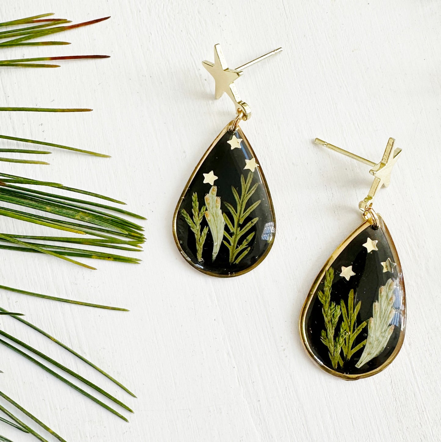 Black Forest Earrings with Real Leaves