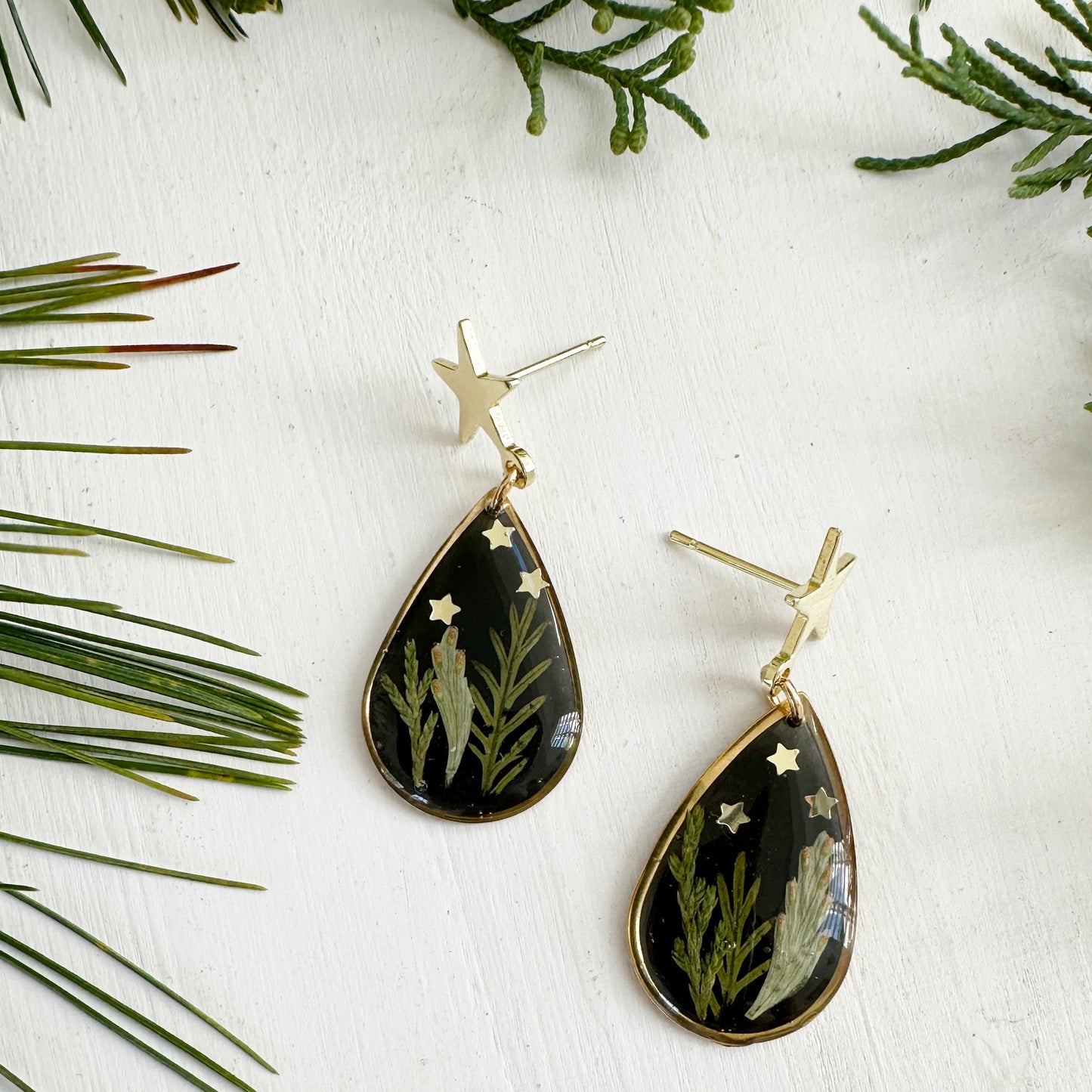Black Forest Earrings with Real Leaves