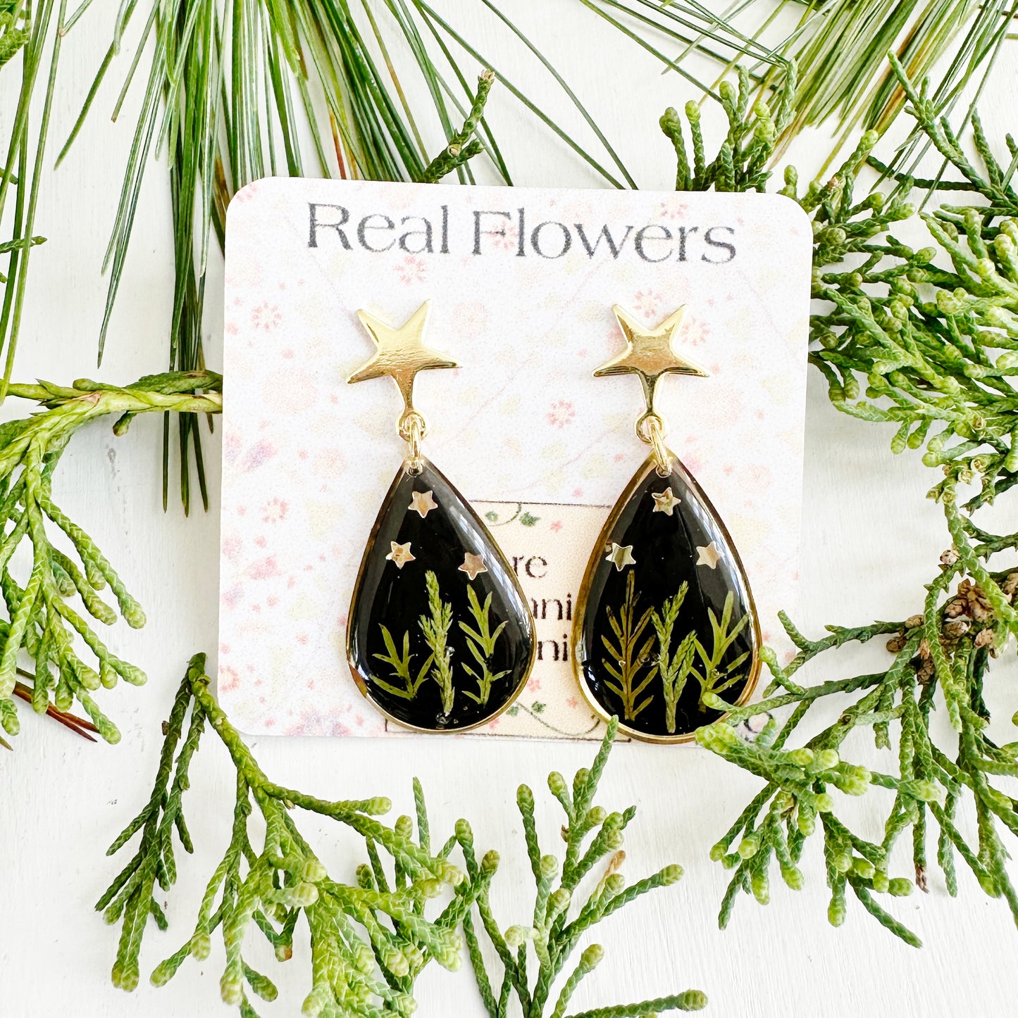 Black Forest Earrings with Real Leaves