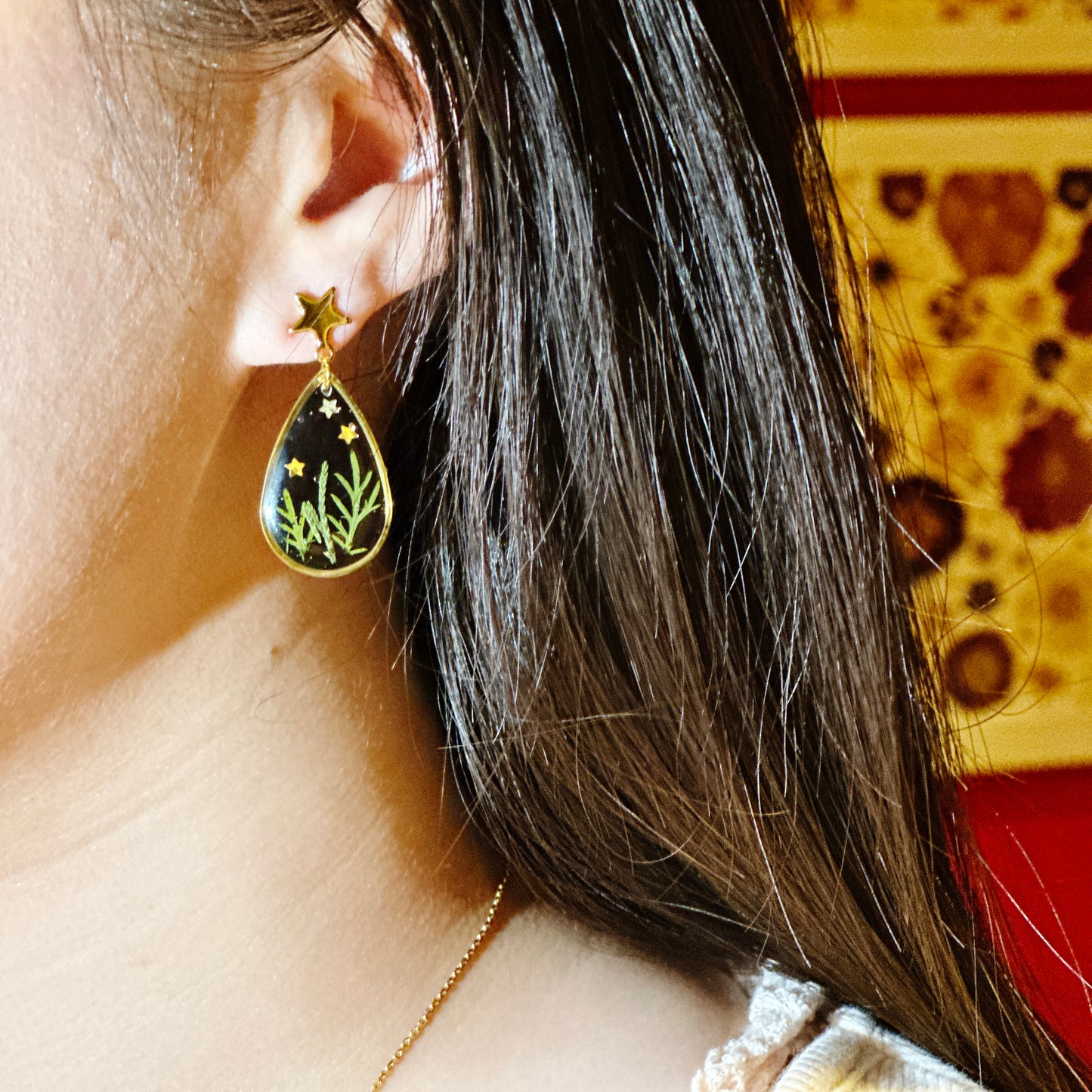 Black Forest Earrings with Real Leaves