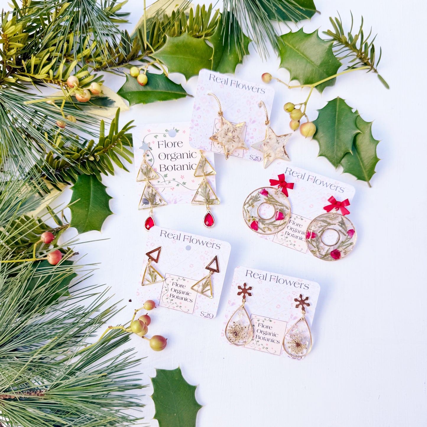 Christmas Wreath Earrings with Real Flowers and Leaves