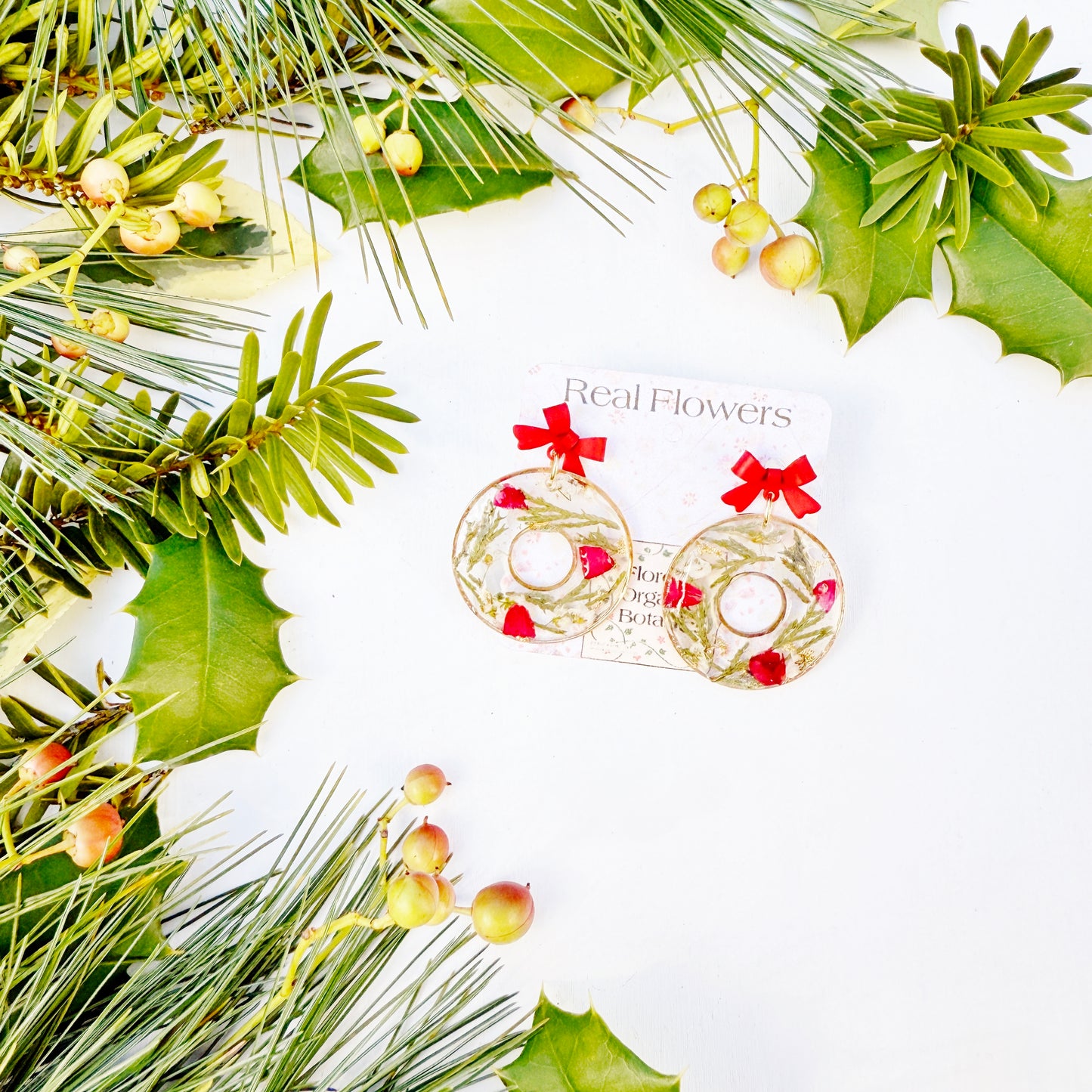 Christmas Wreath Earrings with Real Flowers and Leaves