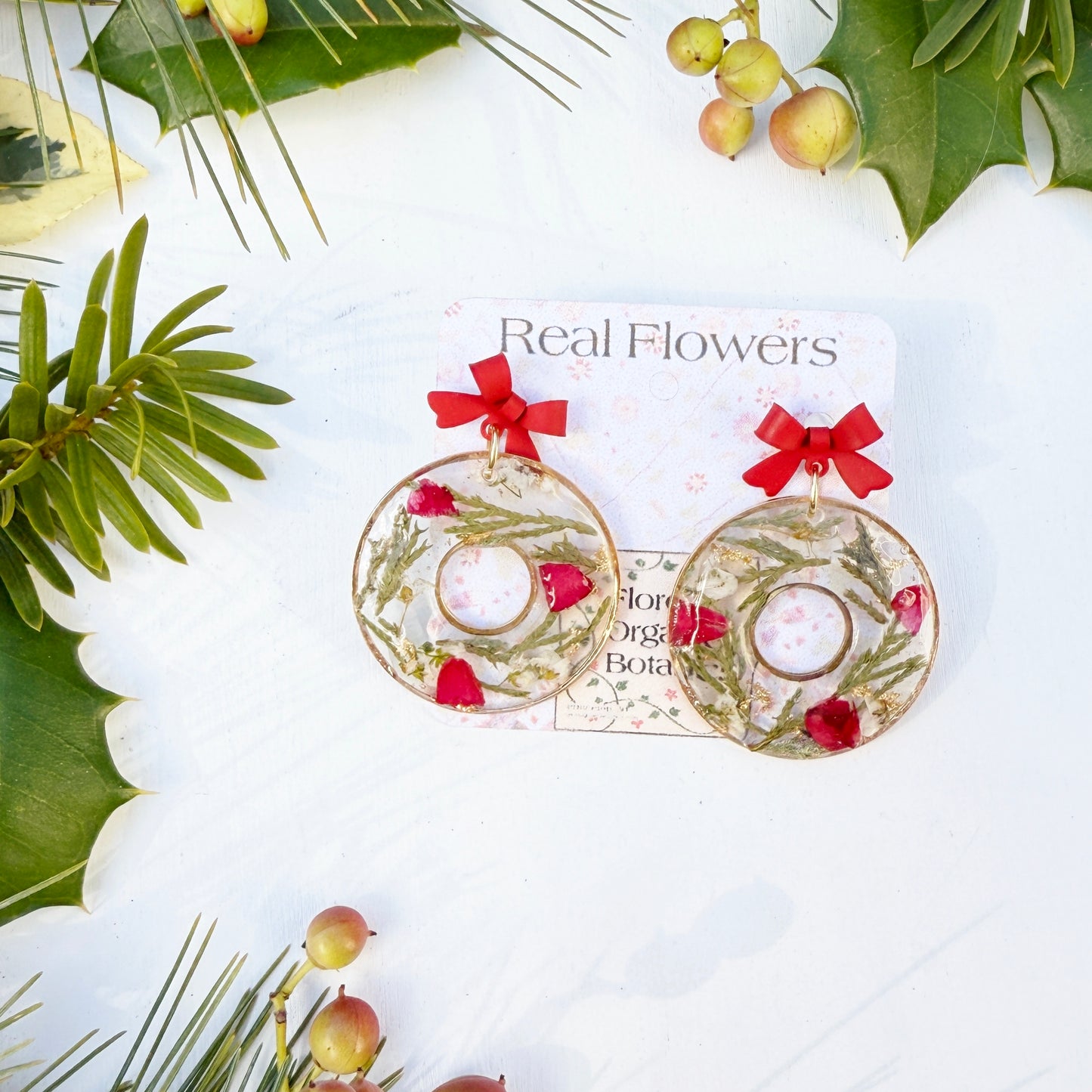 Christmas Wreath Earrings with Real Flowers and Leaves