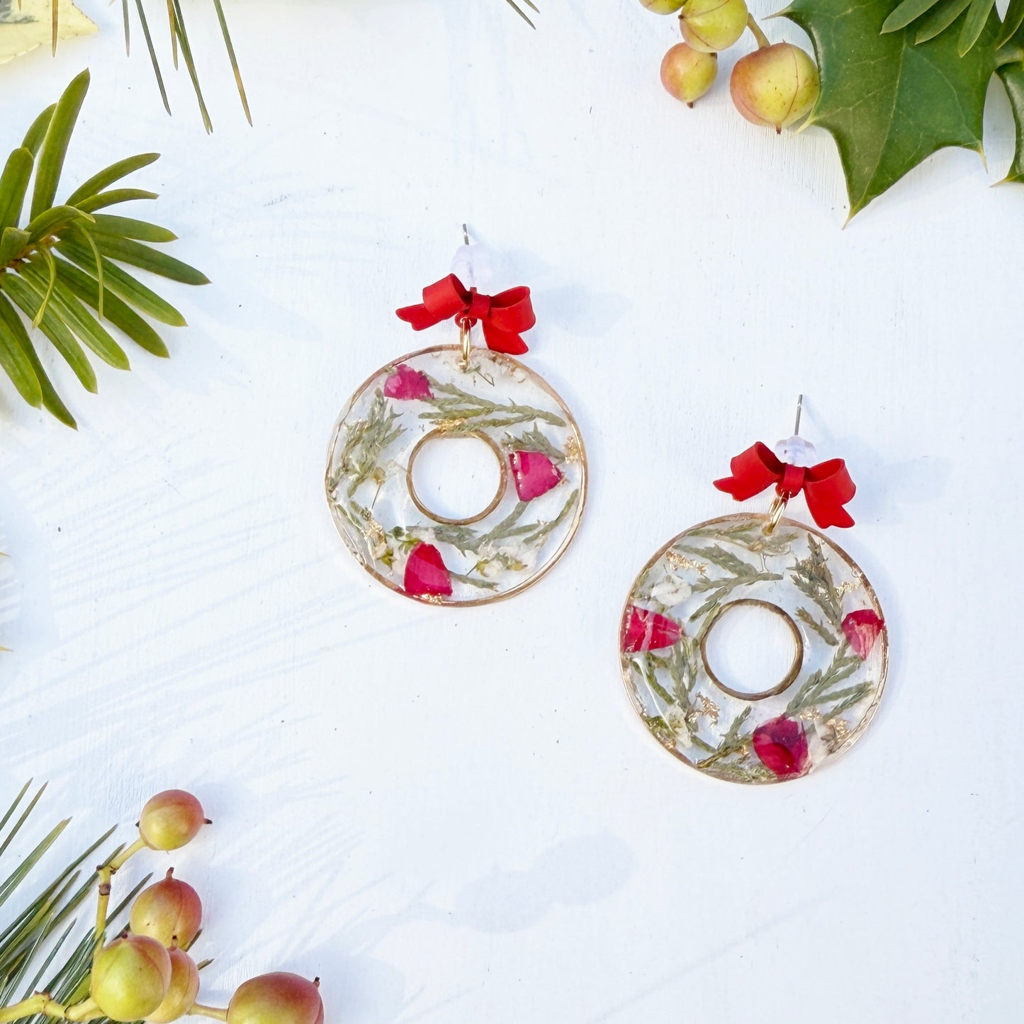 Christmas Wreath Earrings with Real Flowers and Leaves