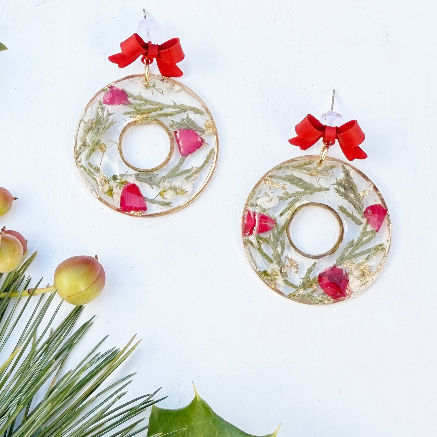 Christmas Wreath Earrings with Real Flowers and Leaves