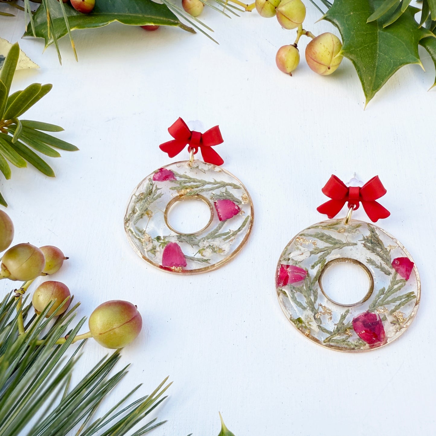 Christmas Wreath Earrings with Real Flowers and Leaves