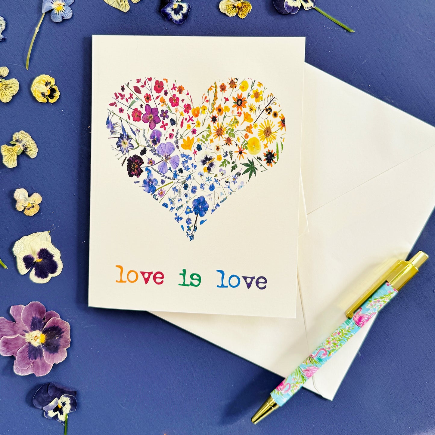 LOVE IS LOVE rainbow heart floral card