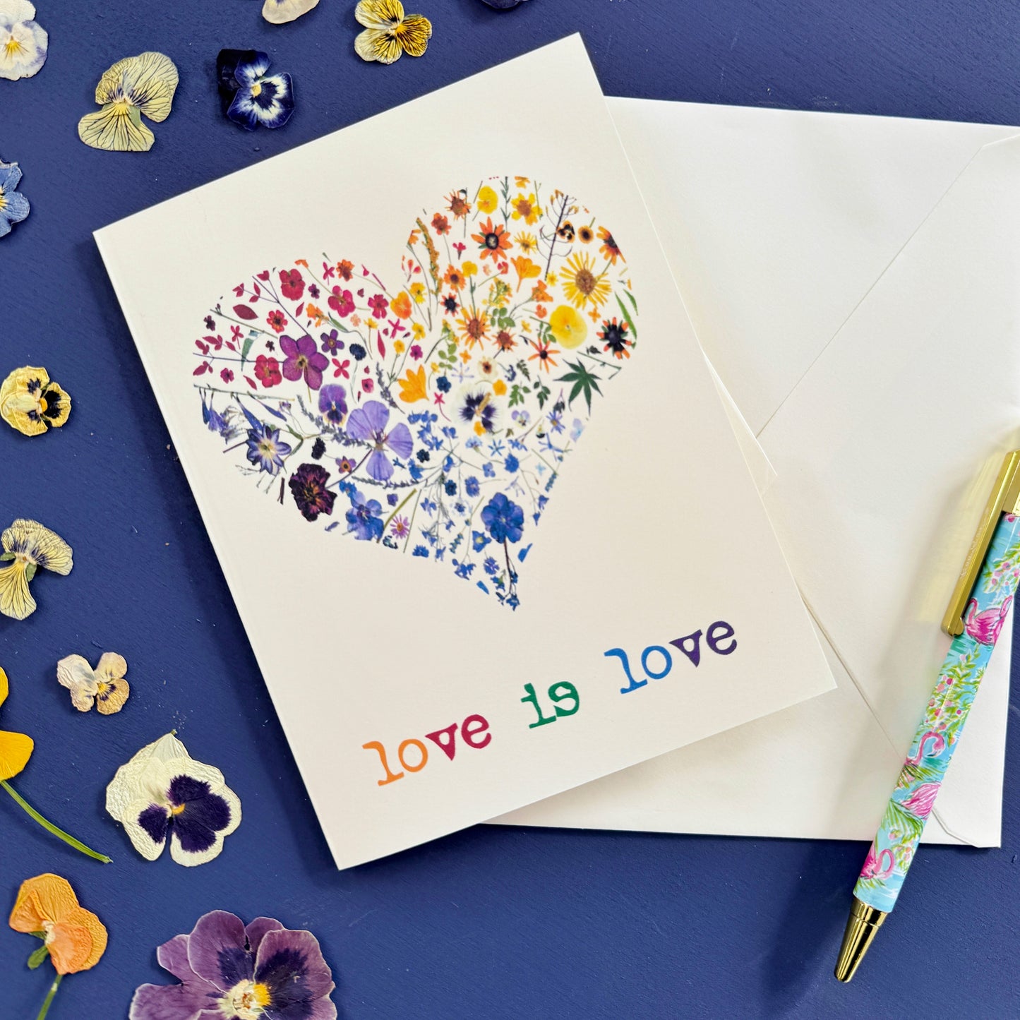LOVE IS LOVE rainbow heart floral card
