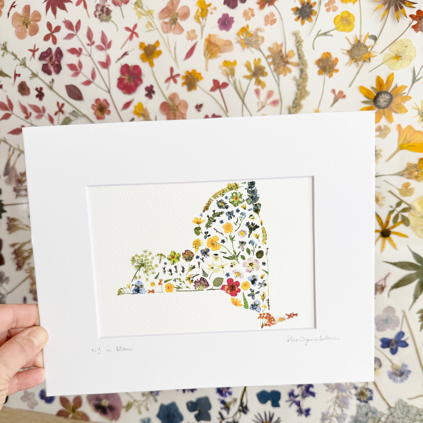 The Empire State signed matted print of New York State in pressed flowers