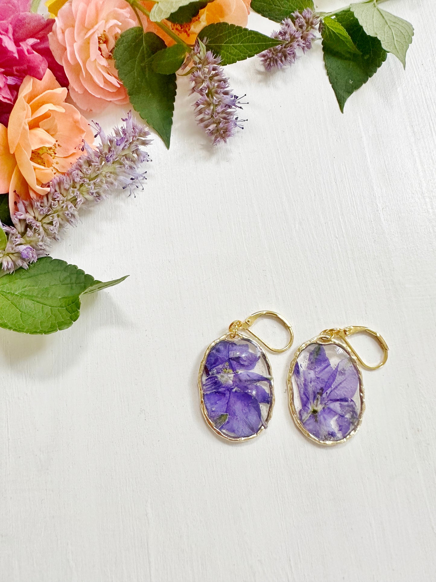 Delphinium Earrings in Golden Frame