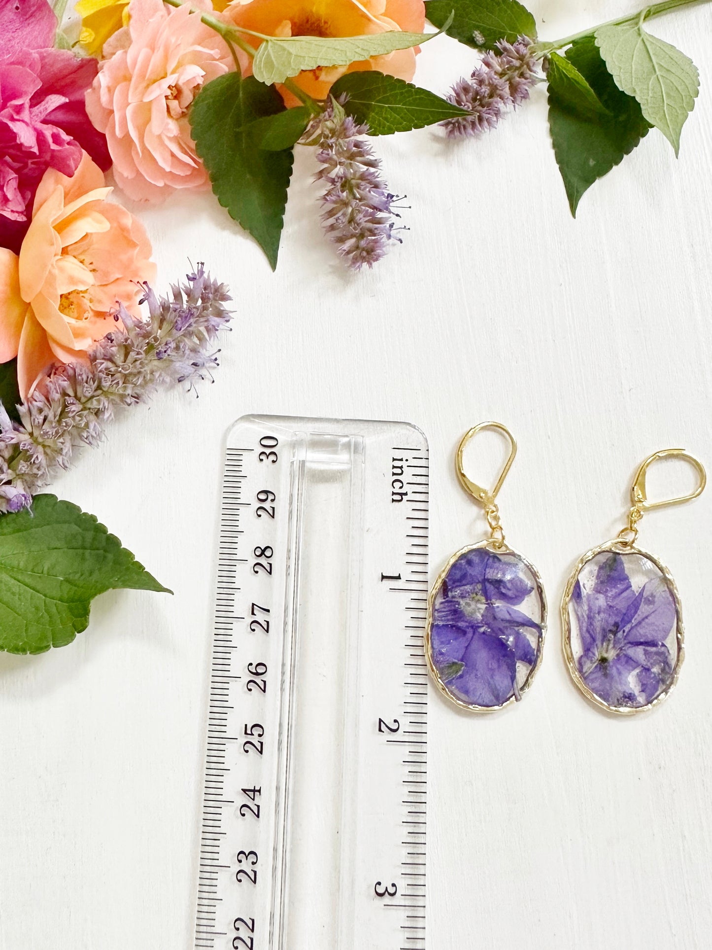Delphinium Earrings in Golden Frame