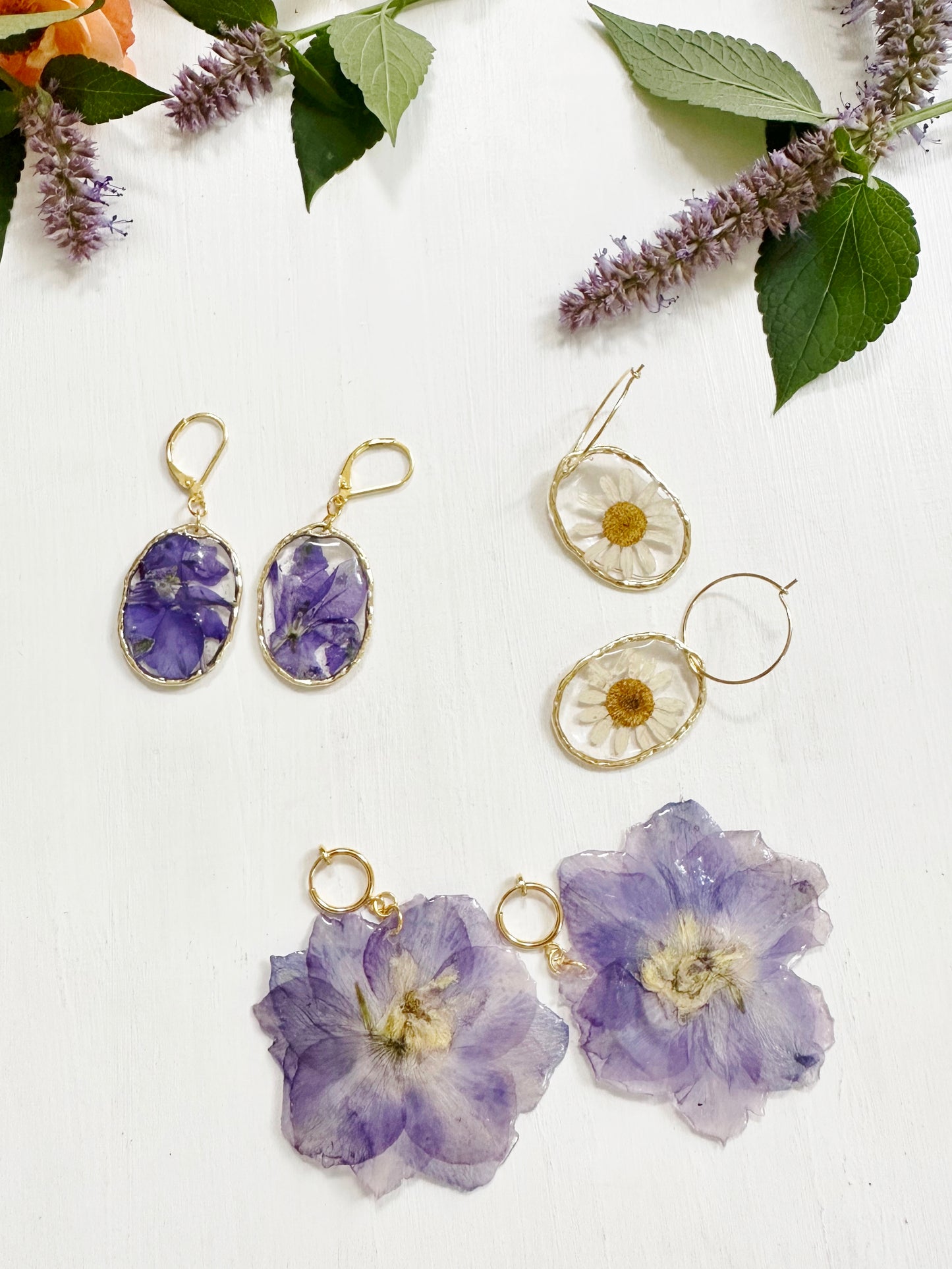 Delphinium Earrings in Golden Frame