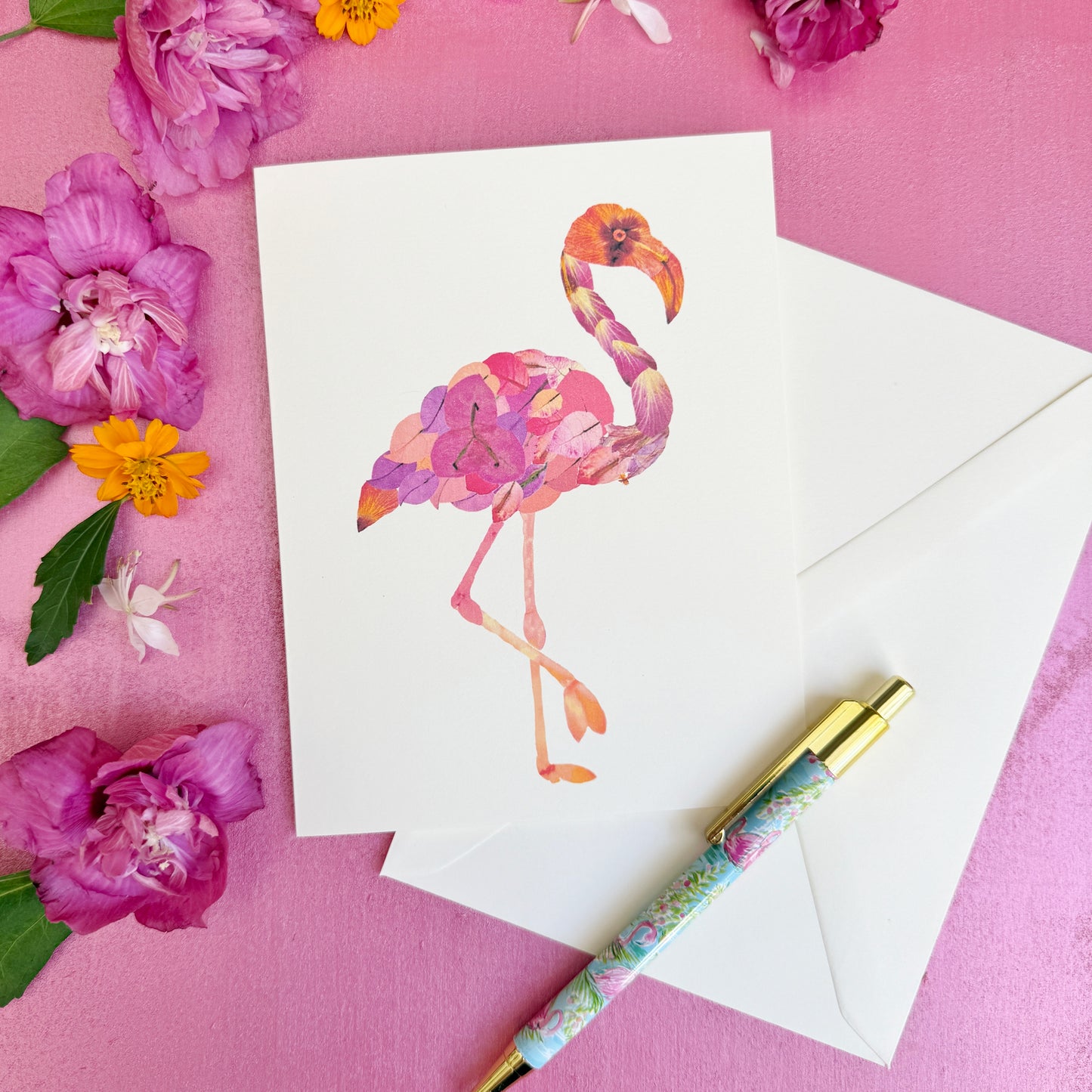 Floral Flamingo - Printed pressed flowers card