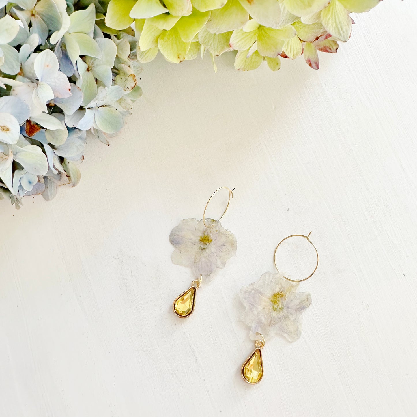 Delphinium Earrings with Yellow Rhinestone Drop