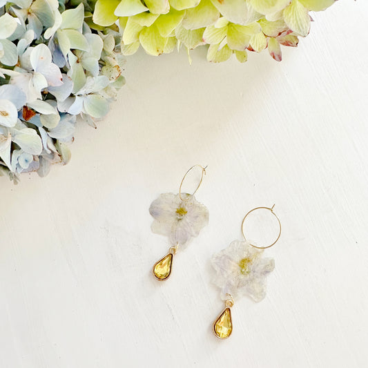 Delphinium Earrings with Yellow Rhinestone Drop