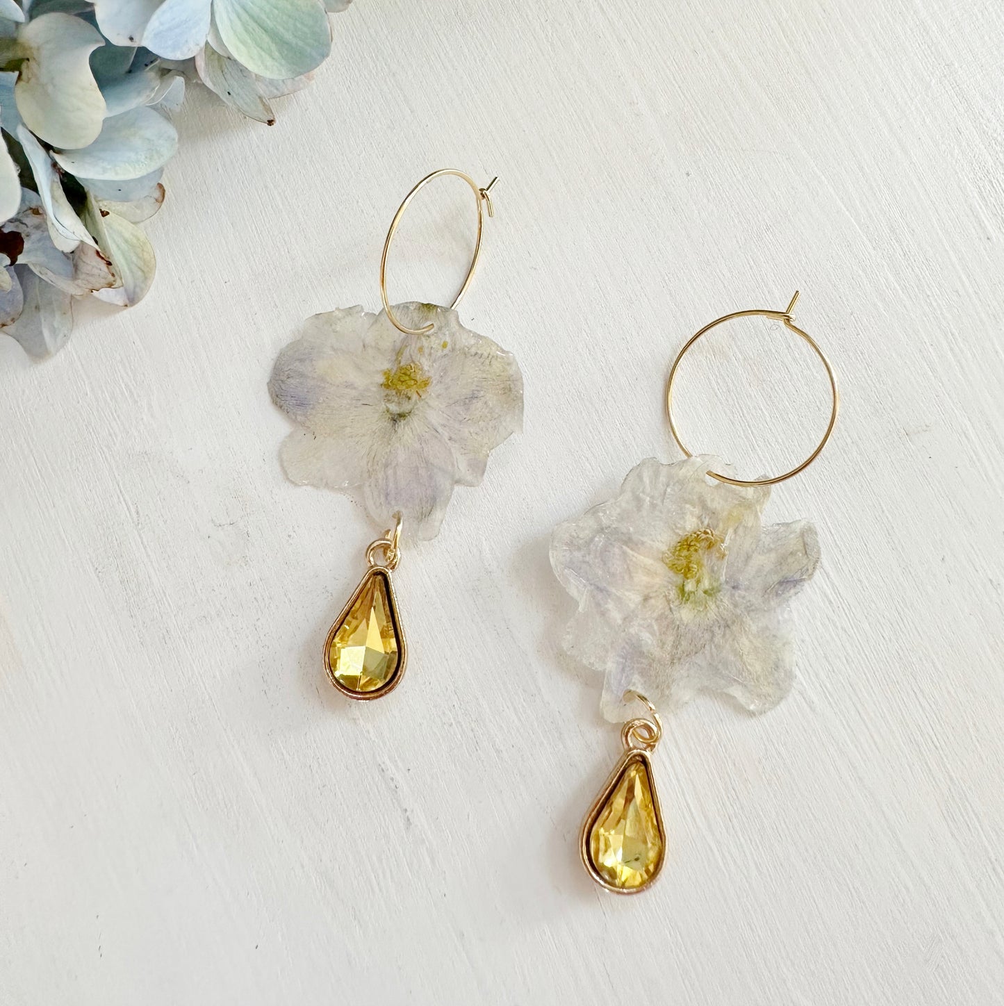 Delphinium Earrings with Yellow Rhinestone Drop