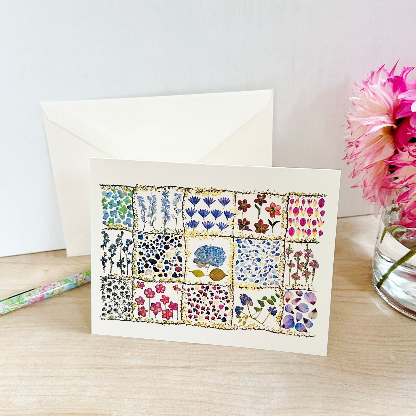 Pressed Quilt - Pressed Flowers and Leaves Greeting Card