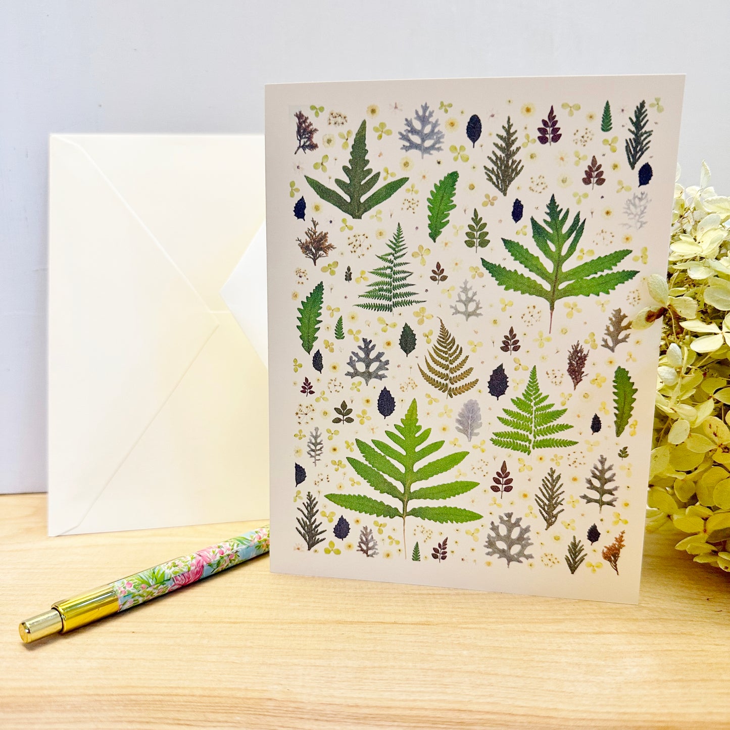 Falling Snow - Printed pressed flowers blank greeting card