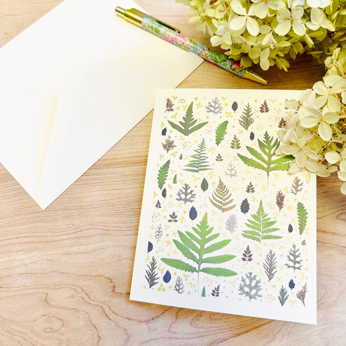 Falling Snow - Printed pressed flowers blank greeting card