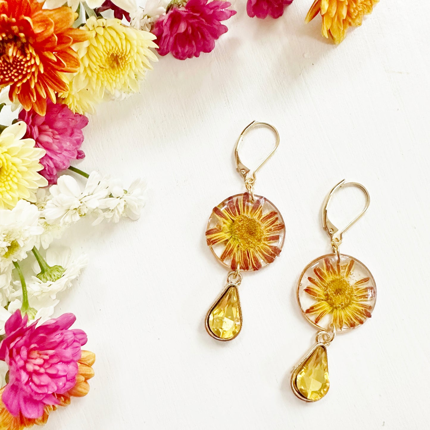 Chrysanthemum Earrings with Yellow Drop