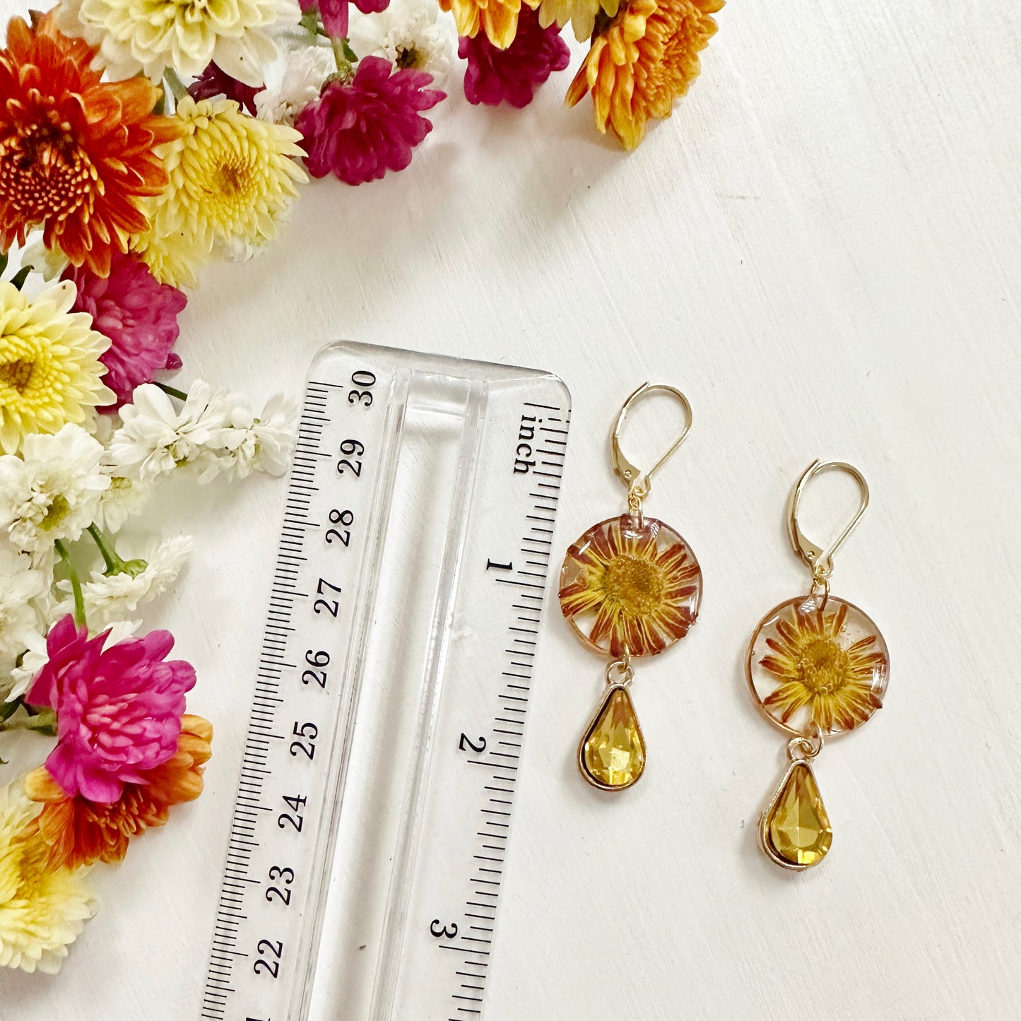 Chrysanthemum Earrings with Yellow Drop