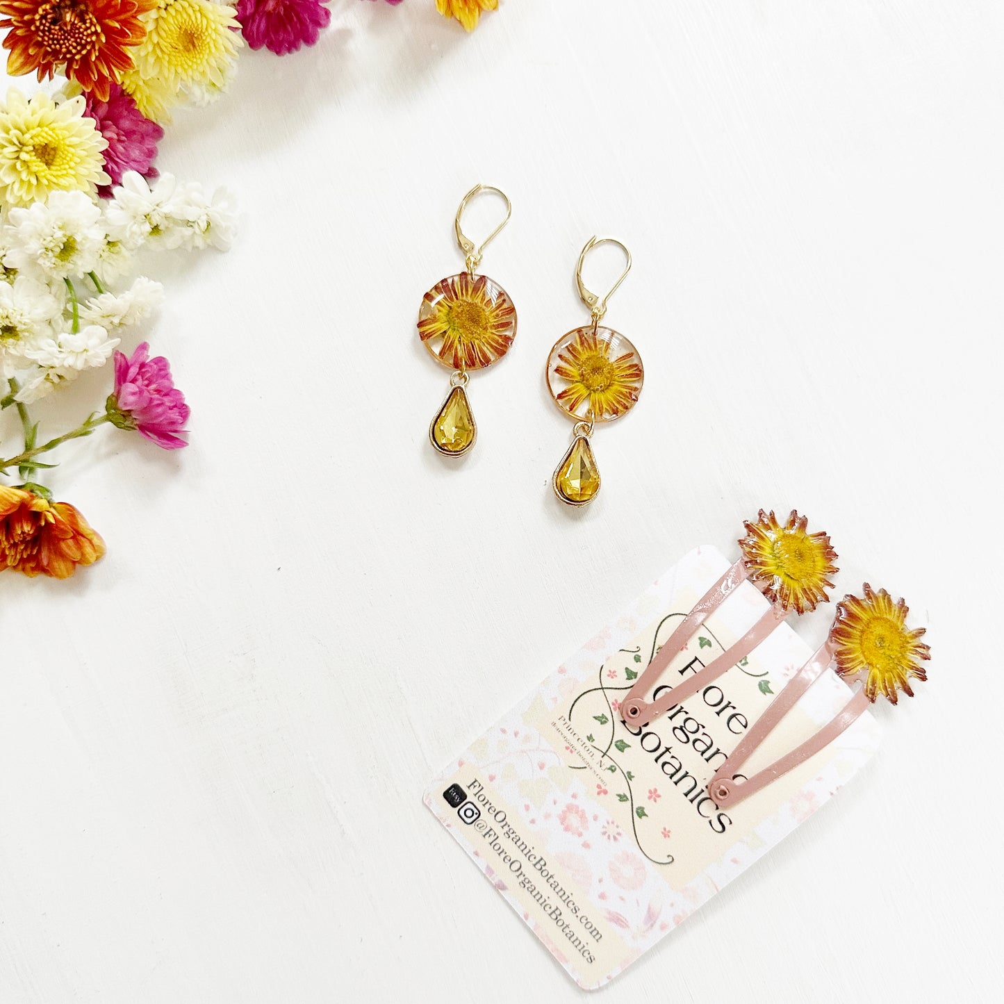 Chrysanthemum Earrings with Yellow Drop