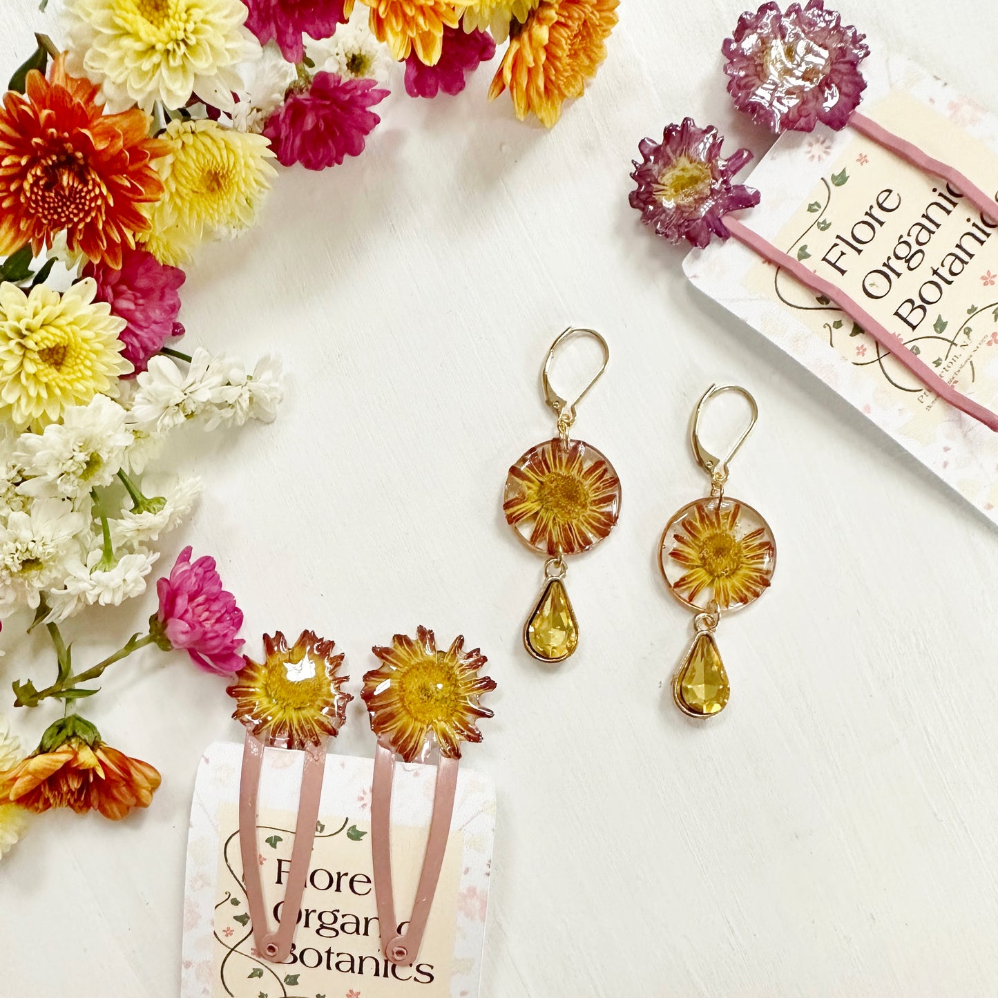 Chrysanthemum Earrings with Yellow Drop