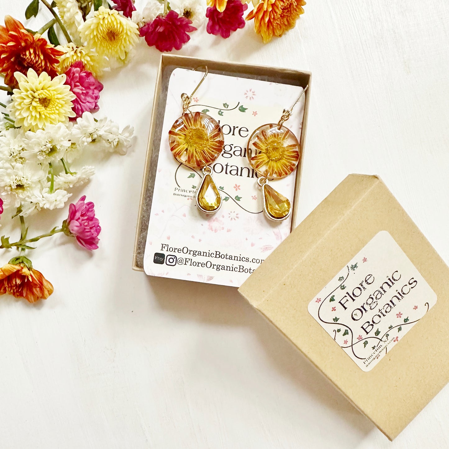 Chrysanthemum Earrings with Yellow Drop