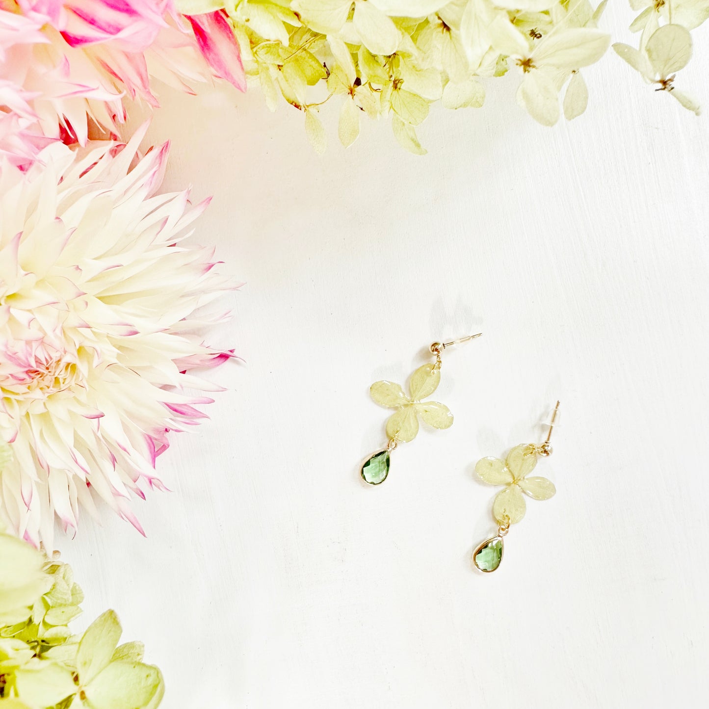 Green Hydrangea Earrings with Peridot Drop