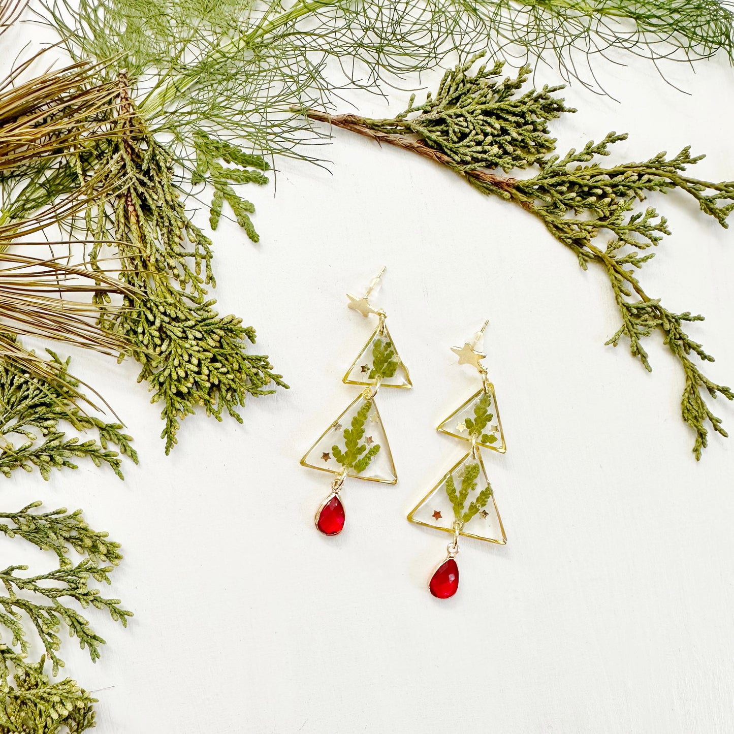 Christmas Tree Earrings with Real Thuja Leaves
