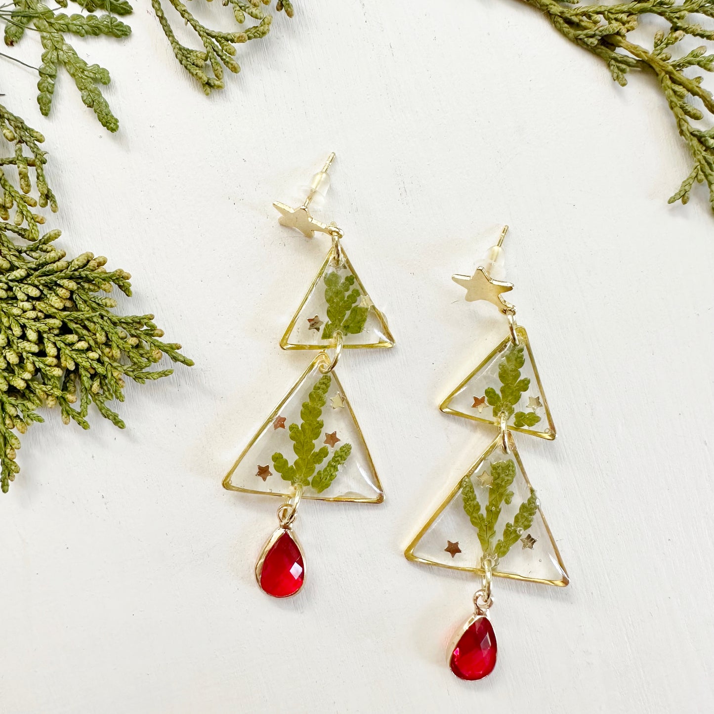 Christmas Tree Earrings with Real Thuja Leaves