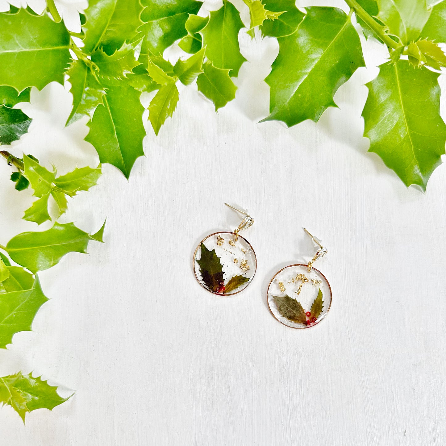 Christmas Earrings with Real Holly Leaves