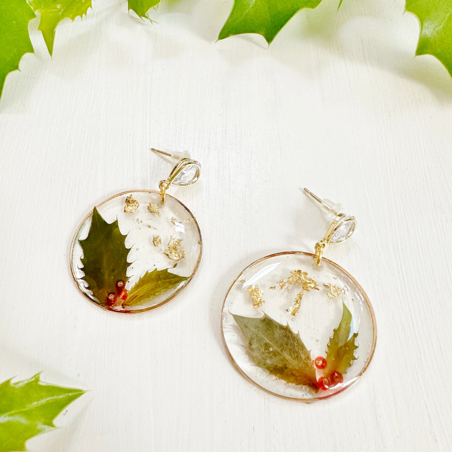Christmas Earrings with Real Holly Leaves