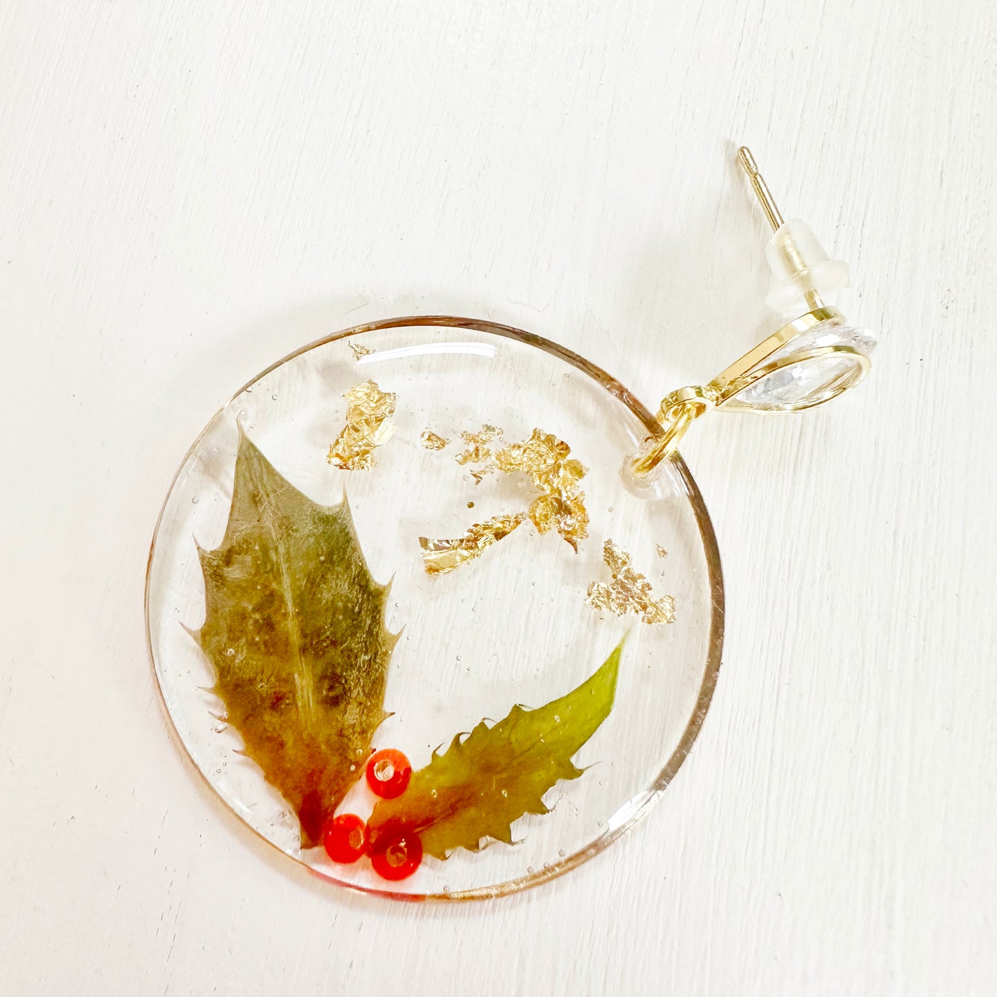 Christmas Earrings with Real Holly Leaves