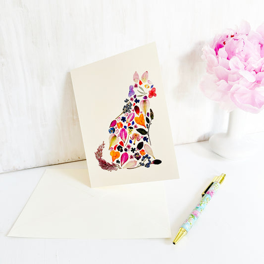 Botanical Cat - Printed pressed flowers blank greeting card
