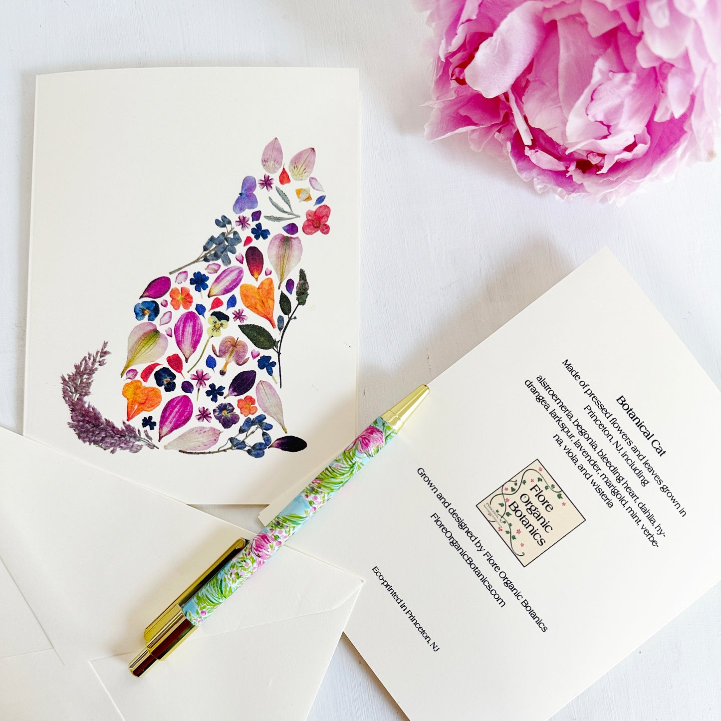 Botanical Cat - Printed pressed flowers blank greeting card