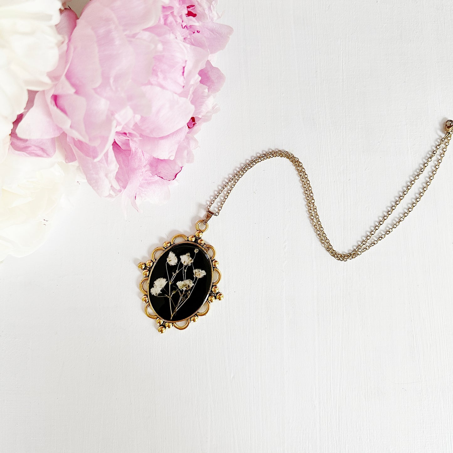 Romantic Victorian baby's breath pendant and chain