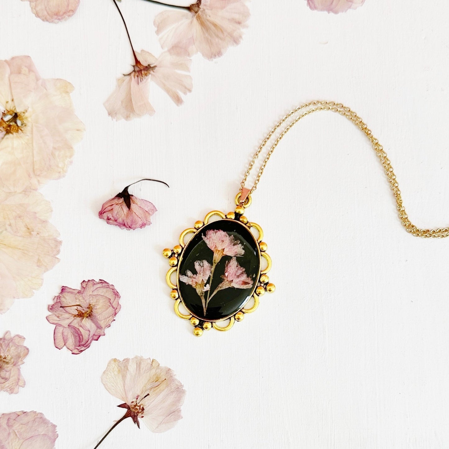 Romantic Victorian cherry blossoms pendant and chain