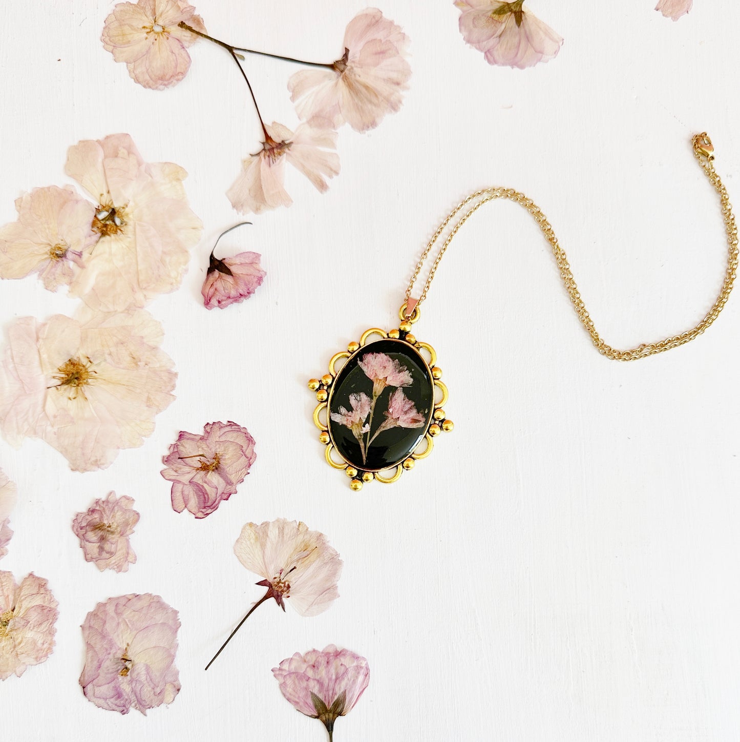 Romantic Victorian cherry blossoms pendant and chain