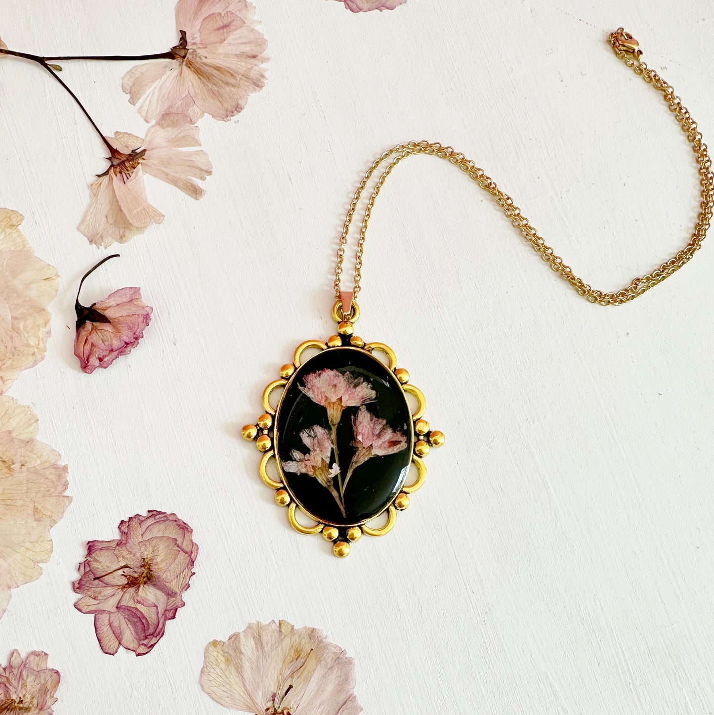 Romantic Victorian cherry blossoms pendant and chain