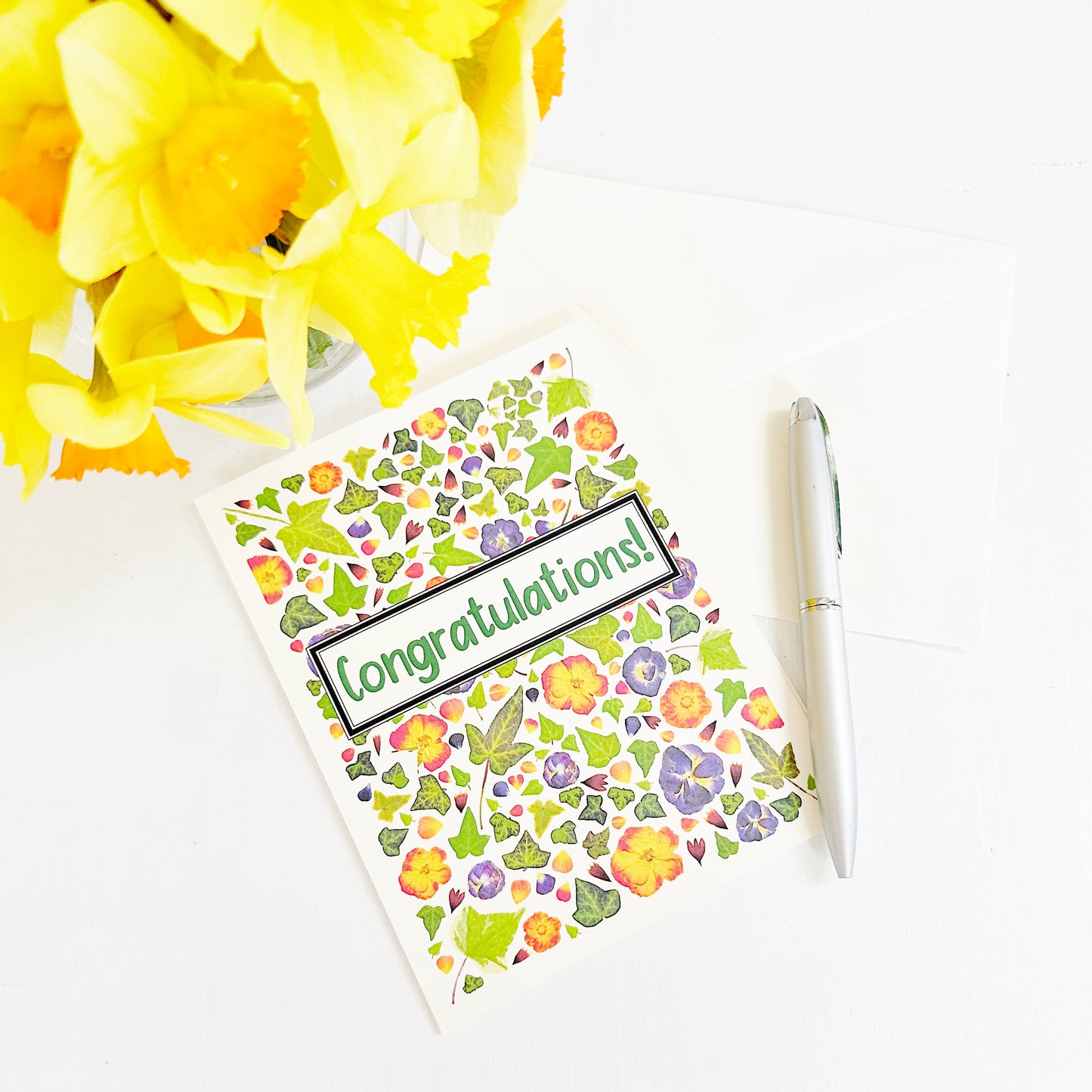 Congratulations card - Printed real pressed flowers and ivy leaves