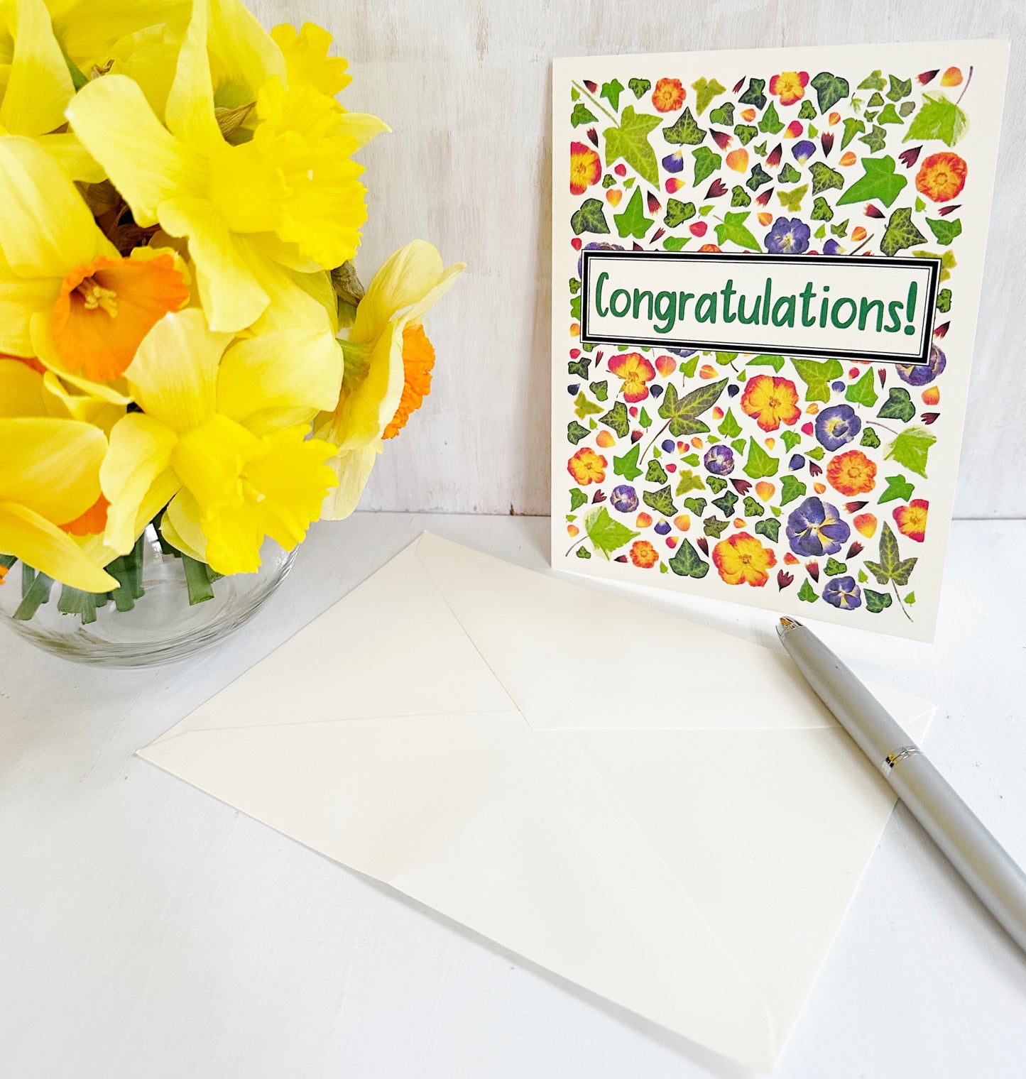 Congratulations card - Printed real pressed flowers and ivy leaves