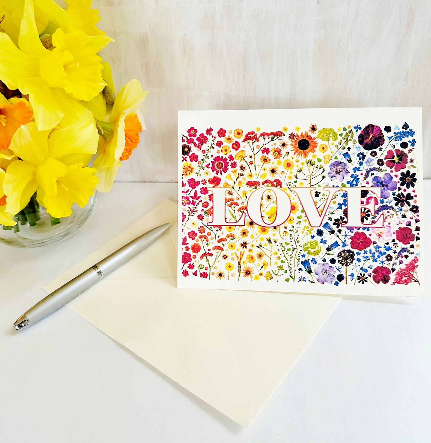 LOVE card - Printed real pressed flowers in rainbow colors