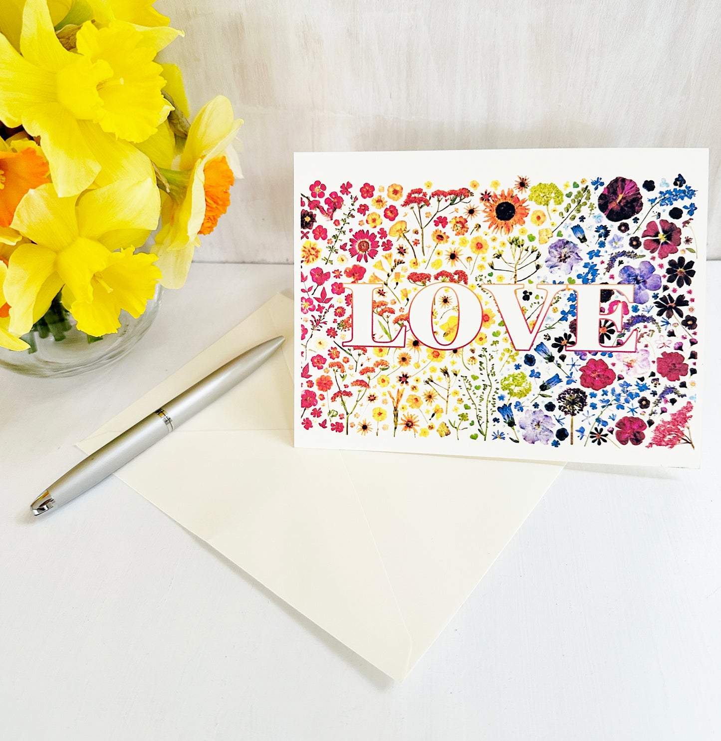 LOVE card - Printed real pressed flowers in rainbow colors