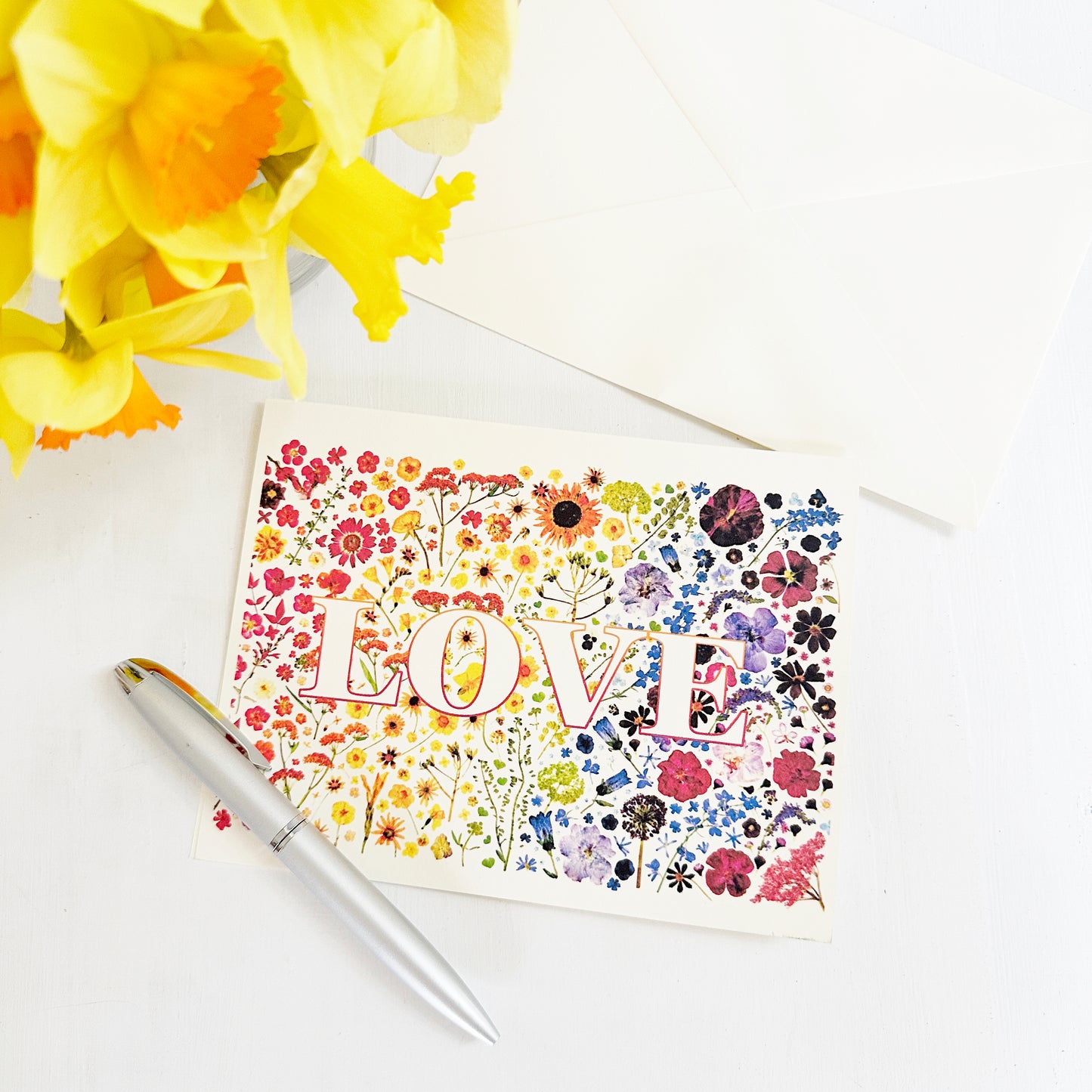 LOVE card - Printed real pressed flowers in rainbow colors
