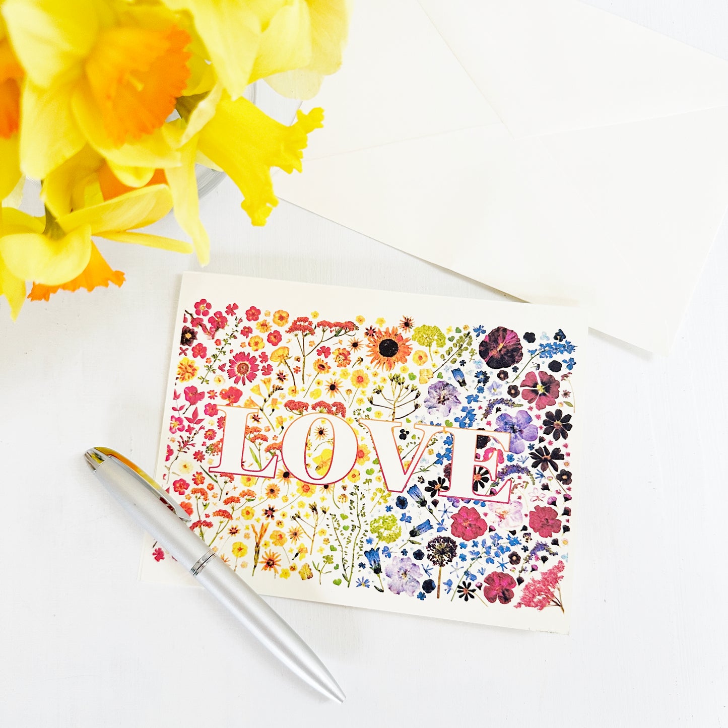 LOVE card - Printed real pressed flowers in rainbow colors